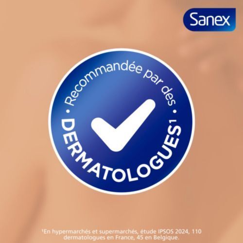 Produit Sanex recommandé par des dermatologues, symbole coche.