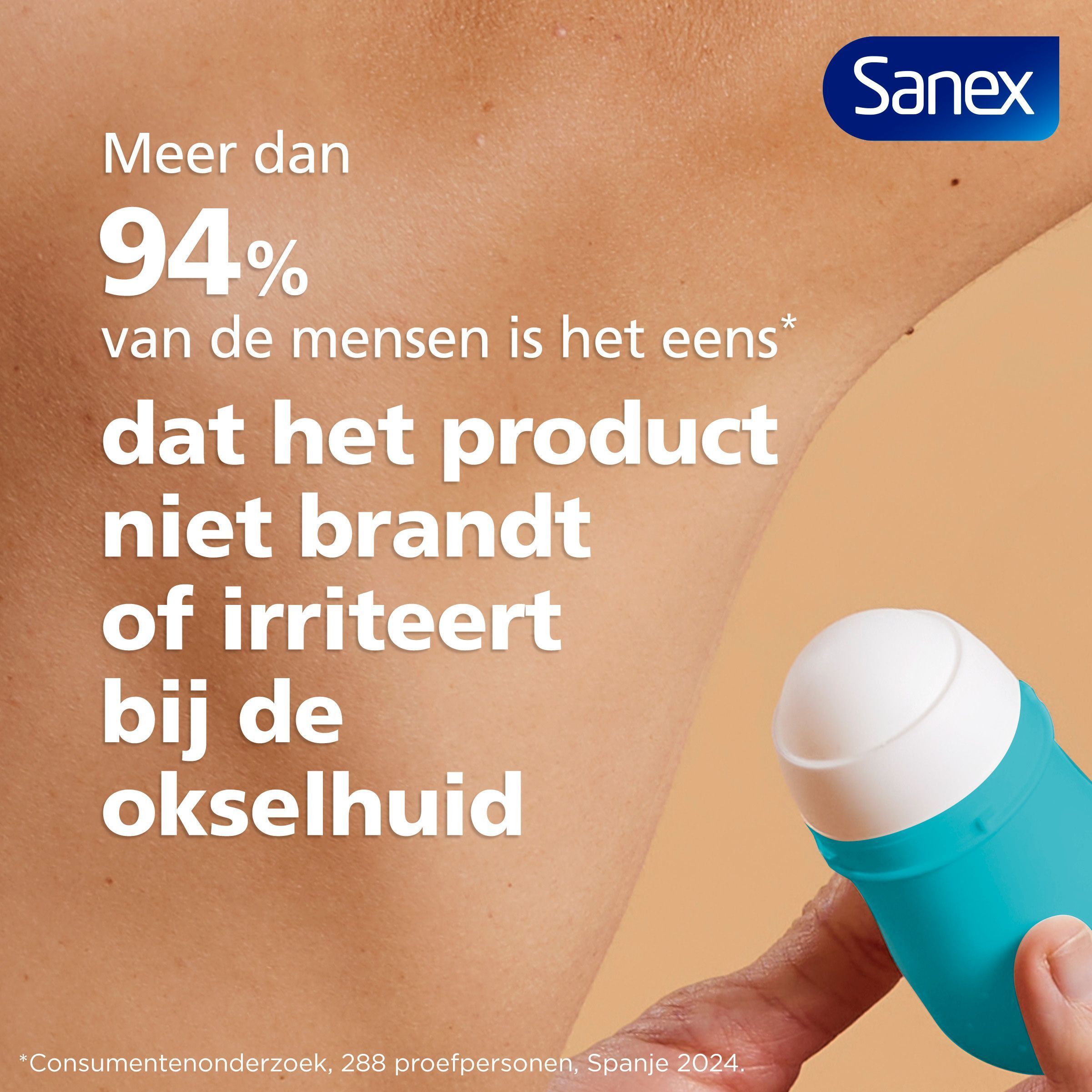 Sanex Derma Care+ Total Protection: Meer dan 94% van de mensen is het ermee eens dat het product niet brandt of irriteert bij de okselhuid.