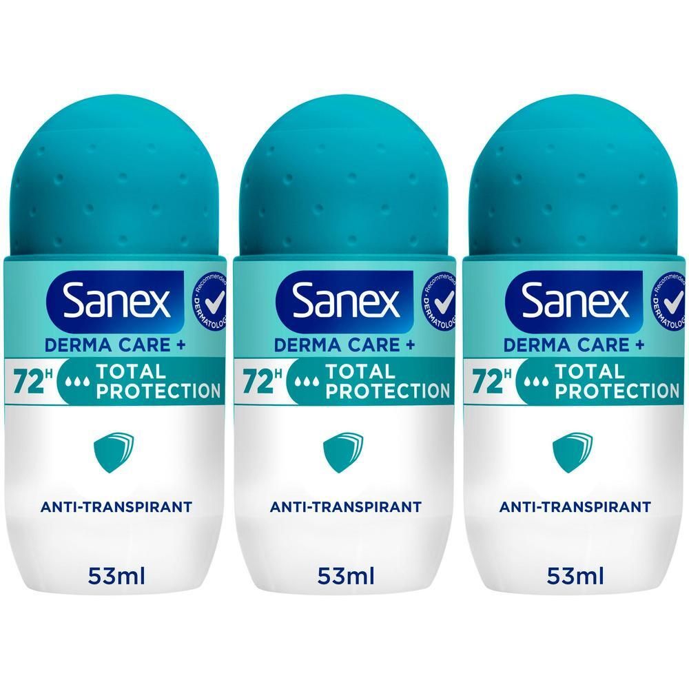 Trois roll-on Sanex Derma Care+ Total Protection 72h Anti-transpirant.