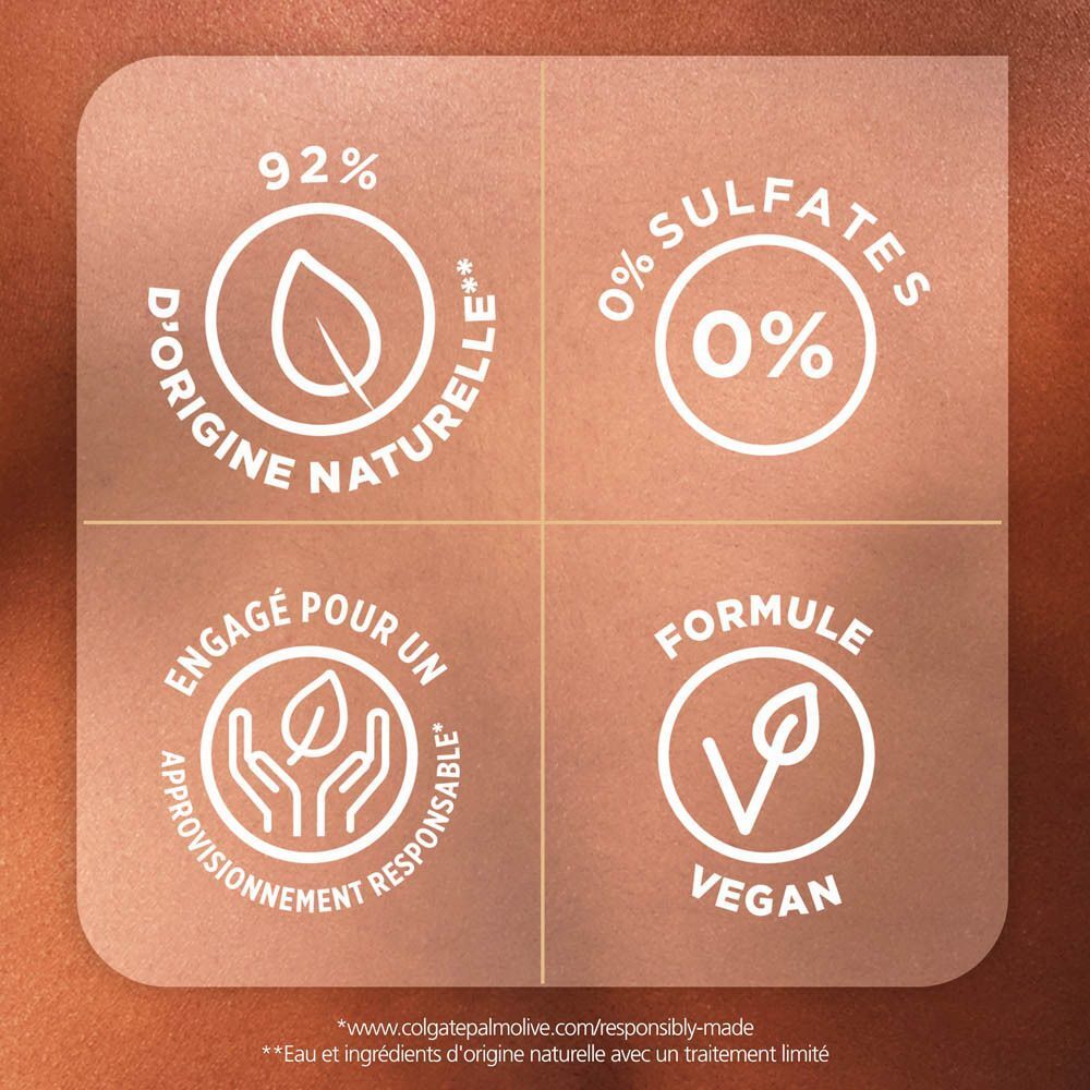 Gel douche Sanex : 92% d'ingrédients d'origine naturelle, 0% sulfates, vegan.
