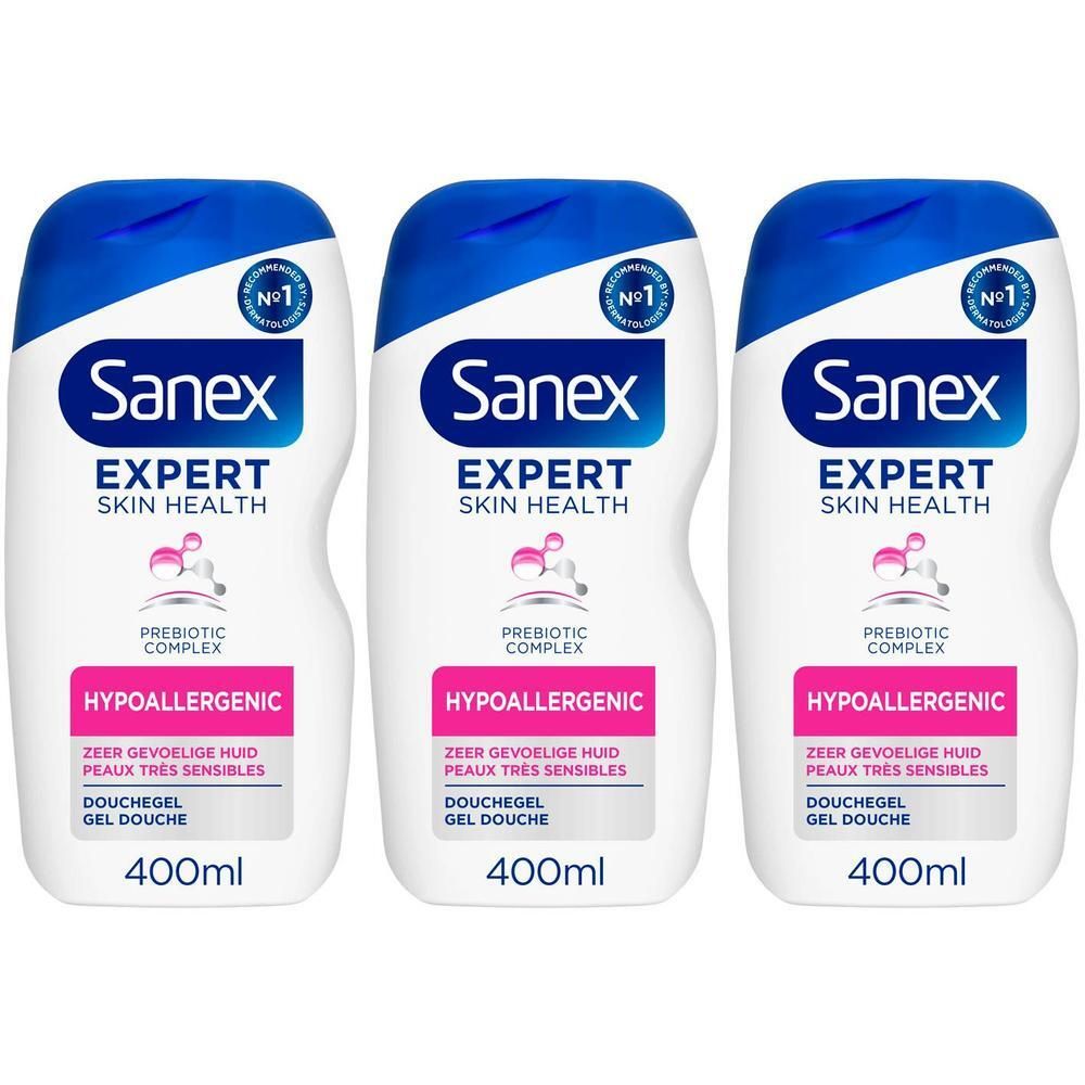 Trois flacons de gel douche Sanex Expert Skin Health, 400ml.