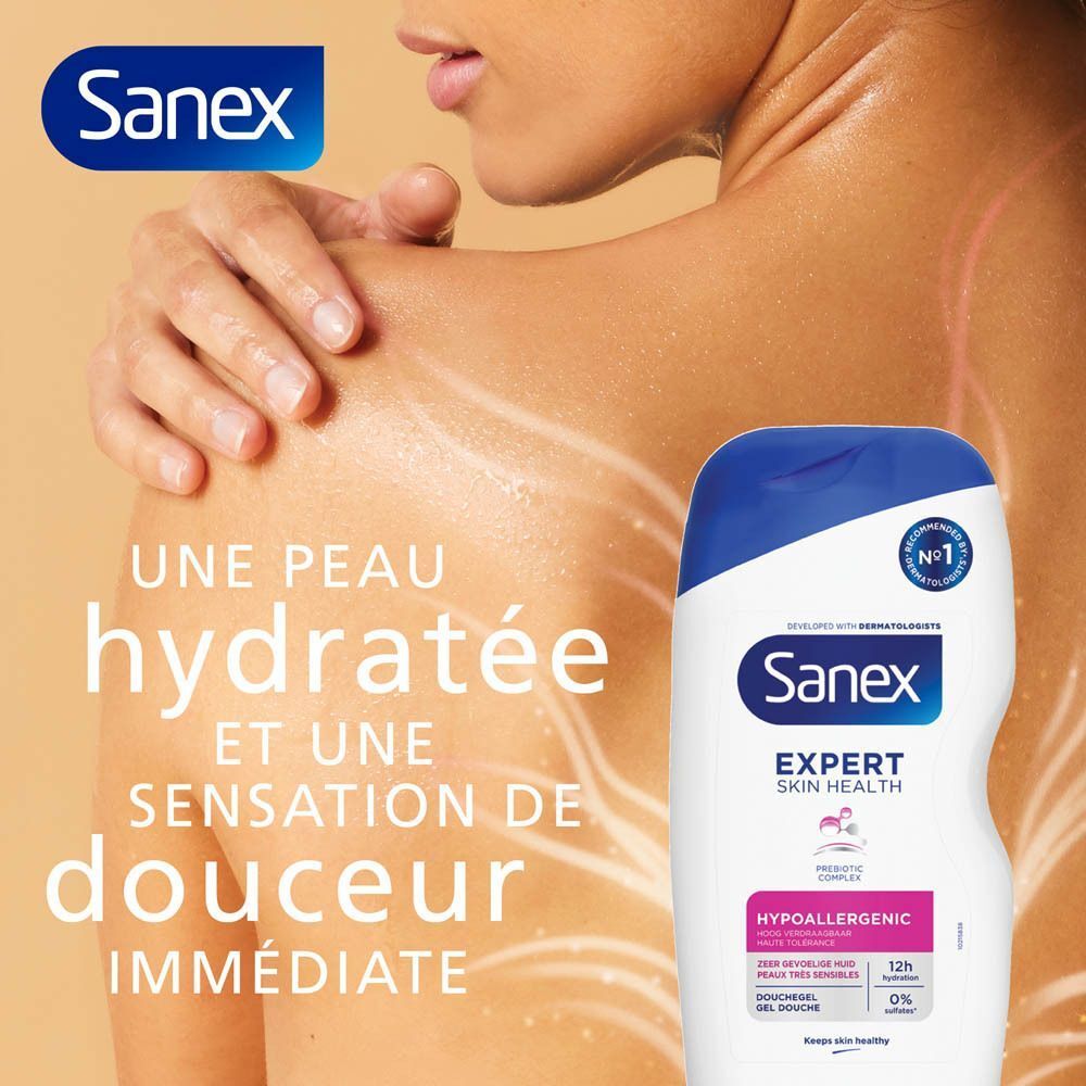 Gel douche Sanex Expert Skin Health pour une peau hydratée et douce.