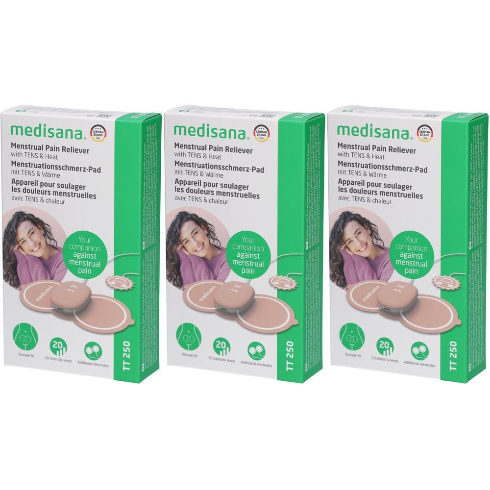Drie verpakkingen Medisana TT 250 Menstruatiepijnverlichter met TENS & Warmte.