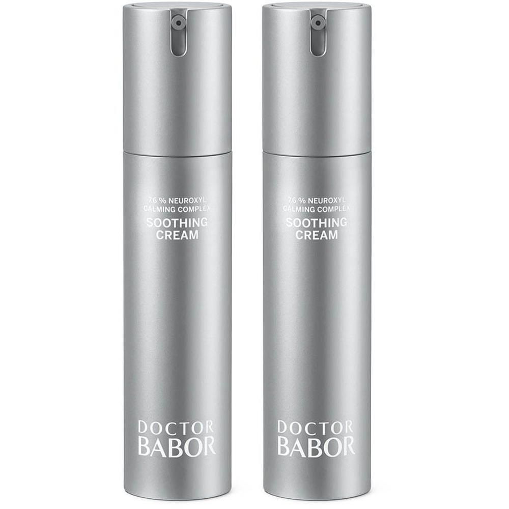 Deux flacons argentés distributeurs de Doctor Babor Soothing Cream.