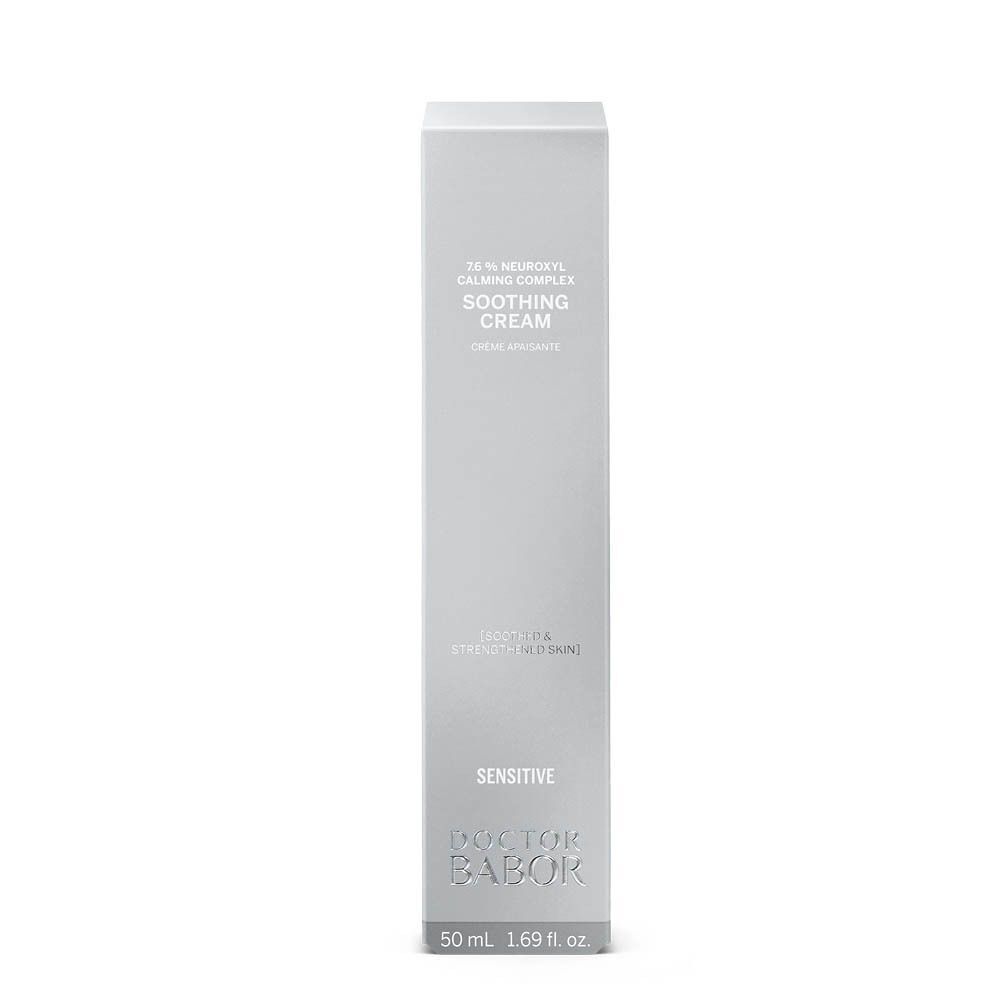 Een zilverkleurige verpakking voor Doctor Babor Soothing Cream, 50 ml.