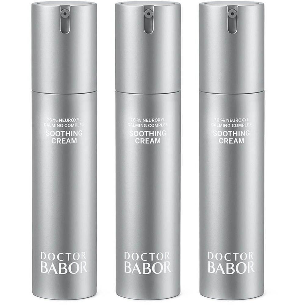 Trois flacons pompe argentés Doctor Babor Soothing Cream.