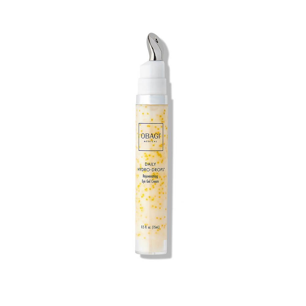 Een flacon Obagi Daily Hydro-Drops Rejuvenating Eye Gel Cream met zilveren applicator en gele parels in de crème.