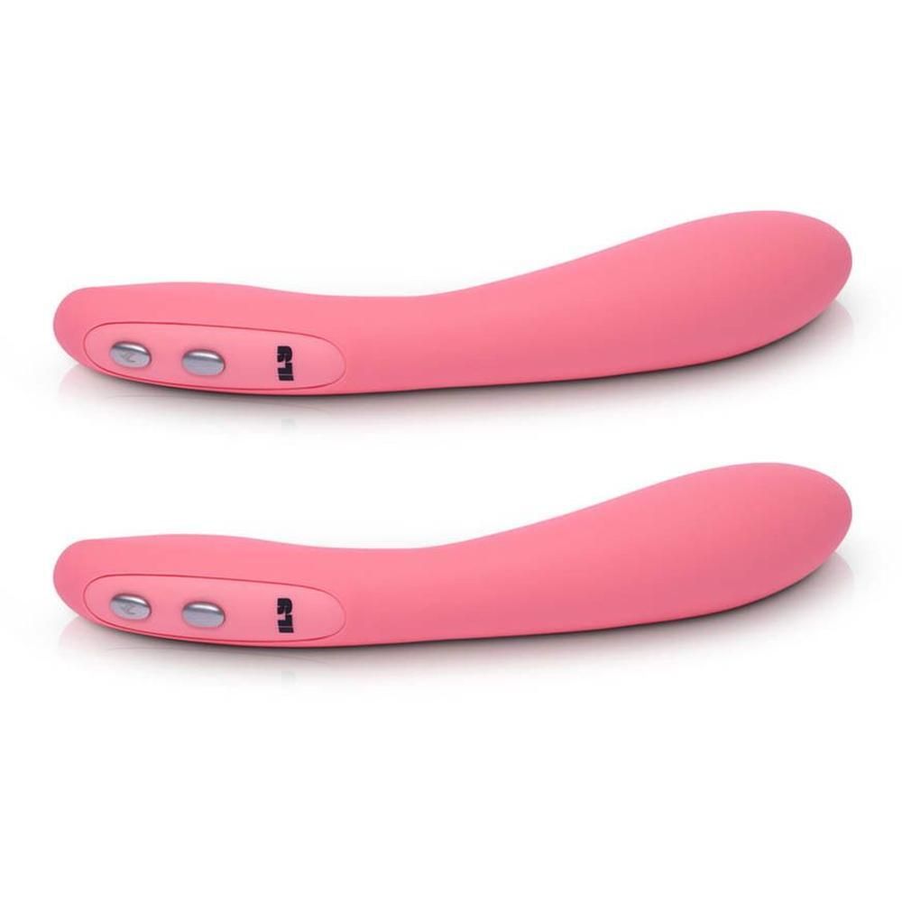 Deux vibromasseurs roses incurvés avec trois boutons à une extrémité.