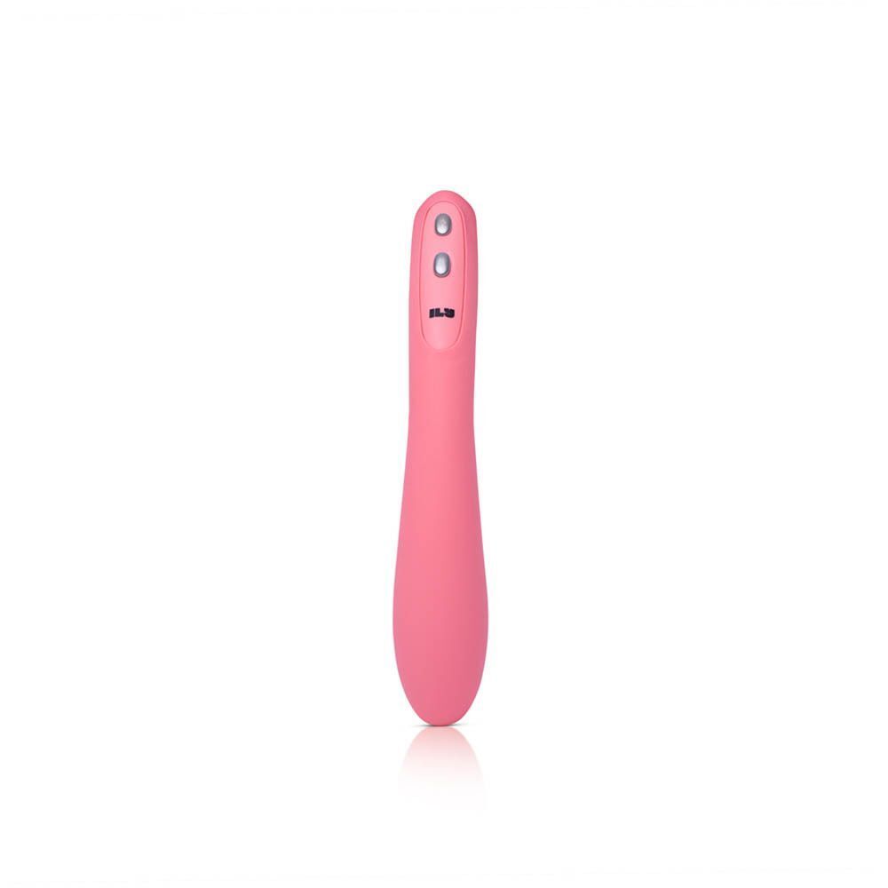 Een roze gebogen vibrator met drie knoppen, rechtopstaand.