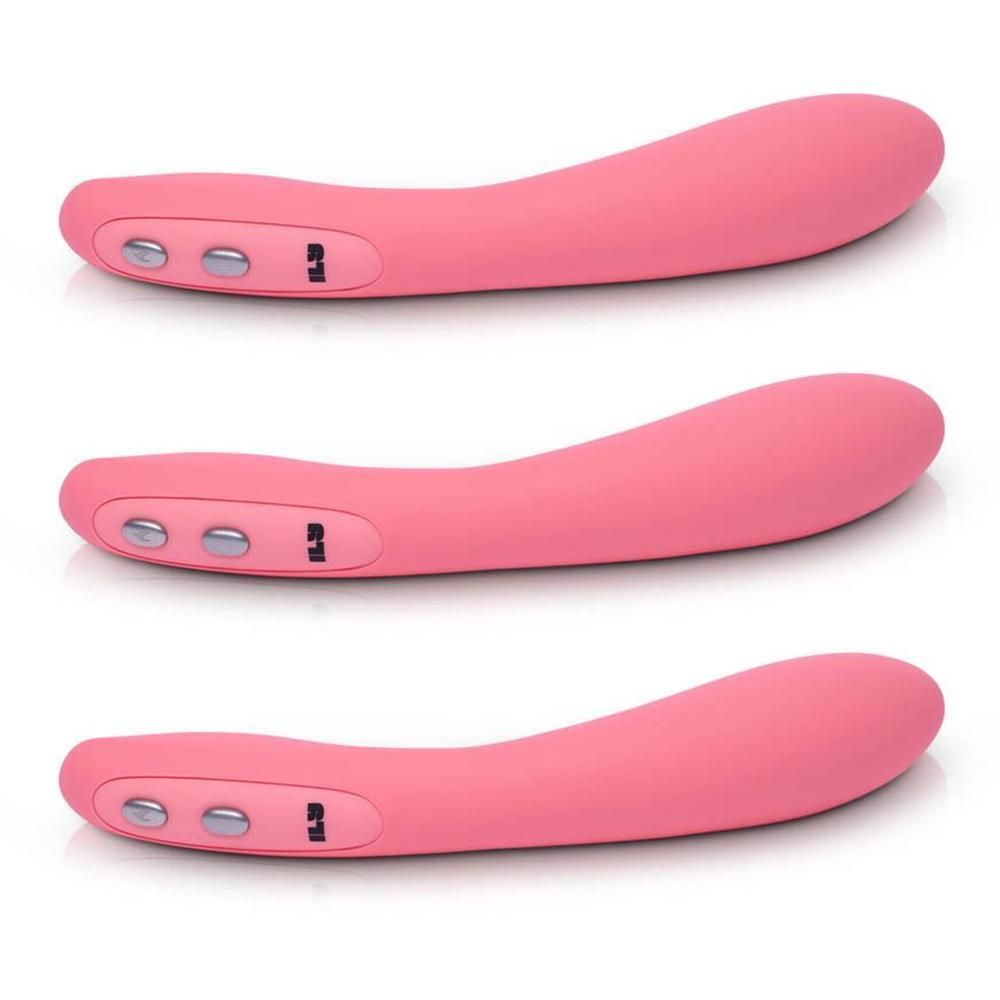 Drie weergaven van een roze, gebogen vibrator met bedieningsknoppen.