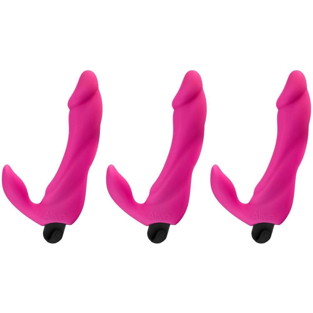 Drie roze vibrators met gebogen vorm en zwarte basis.