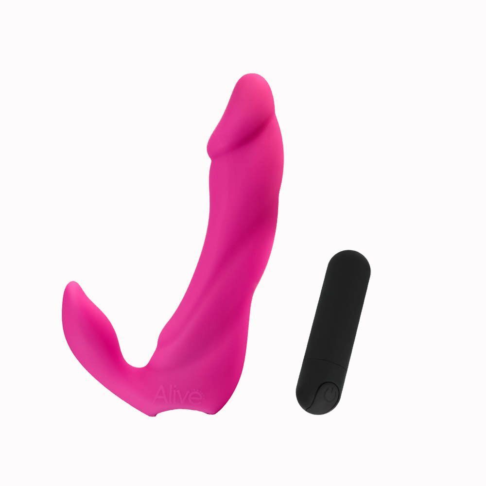 Roze vibrator met gebogen vorm en aparte zwarte oplaadkabel.