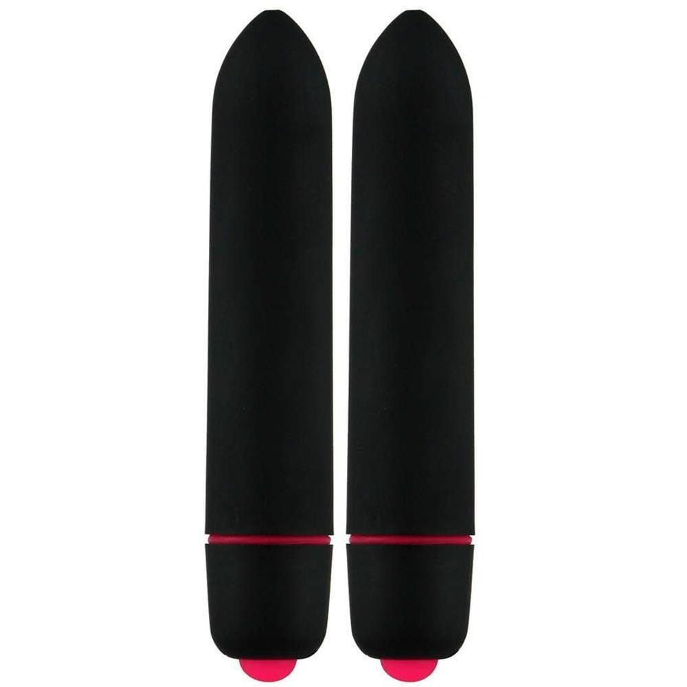 Twee zwarte vibrators met roze accenten en knopjes.