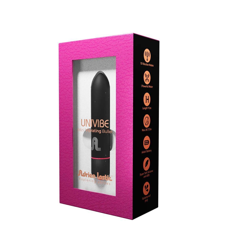 Verpakking van een zwarte mini-vibrator met roze accenten en productinformatie.
