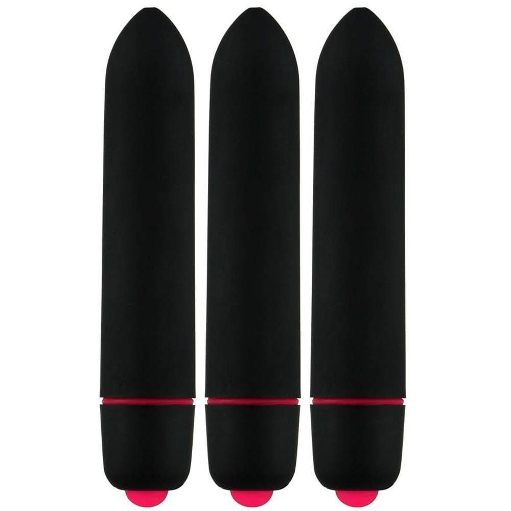 Trois vibromasseurs noirs avec des accents et boutons roses.