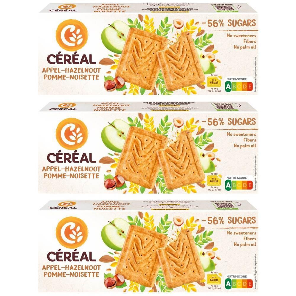 Biscuits Céréal Pomme Noisette, -56% de sucres, sans édulcorants, fibres, sans huile de palme.