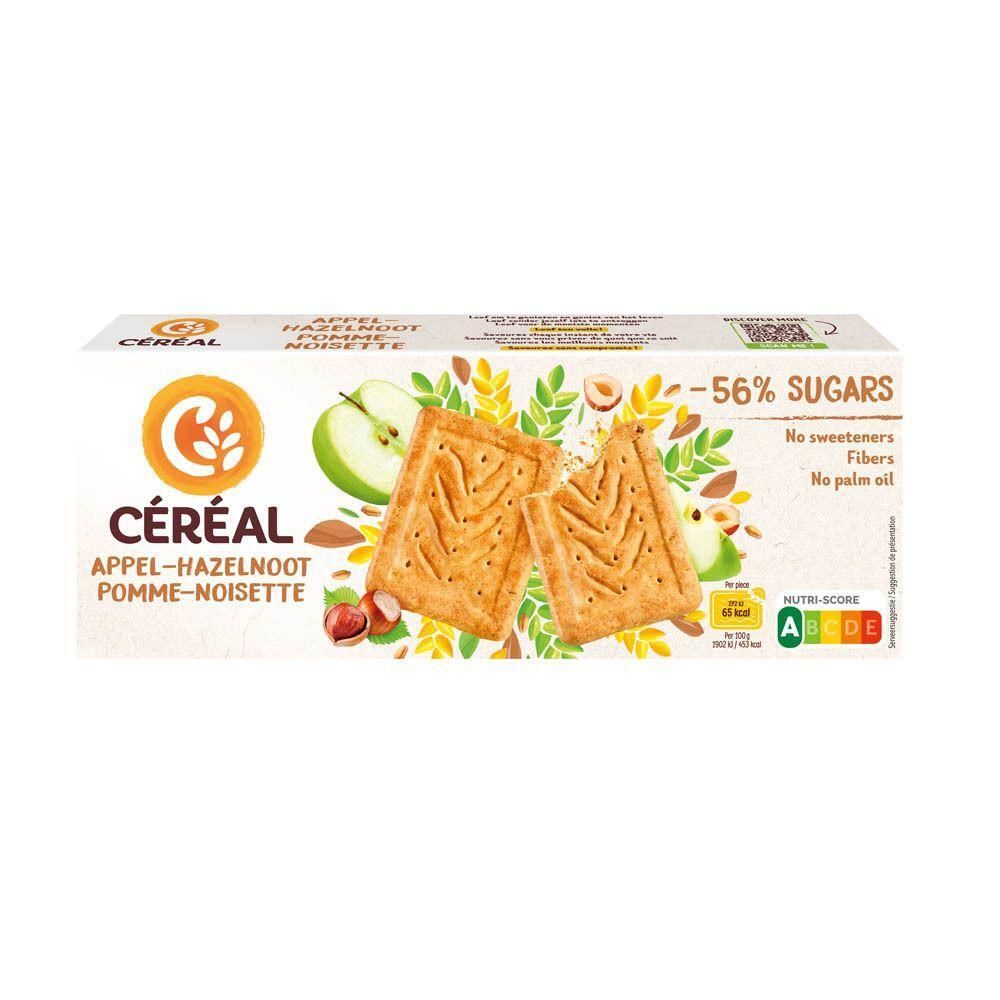 Céréal Koekjes Appel-Hazelnoot, -56% suikers, geen zoetstoffen, vezelrijk, geen palmolie.