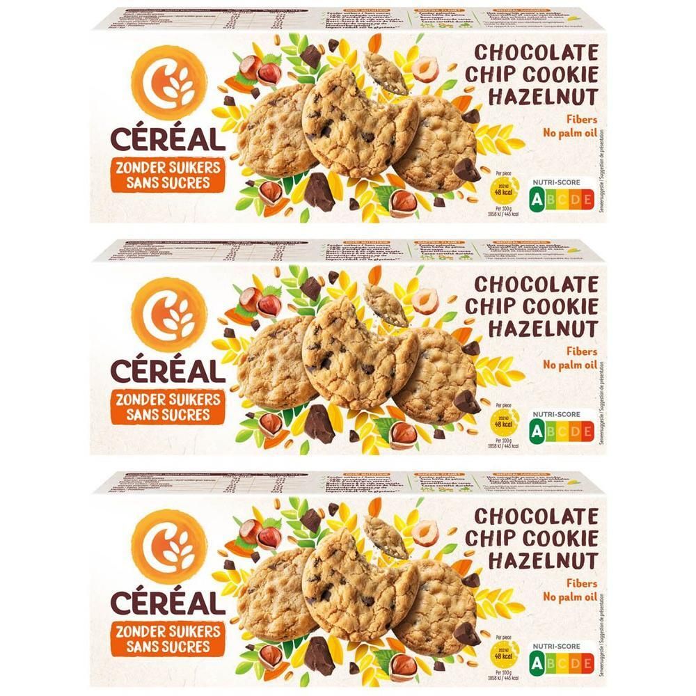 Drie pakken Céréal Chocolate Chip Cookie Hazelnoot, zonder suikers. Toont koekjes, hazelnoten en stukjes chocolade.