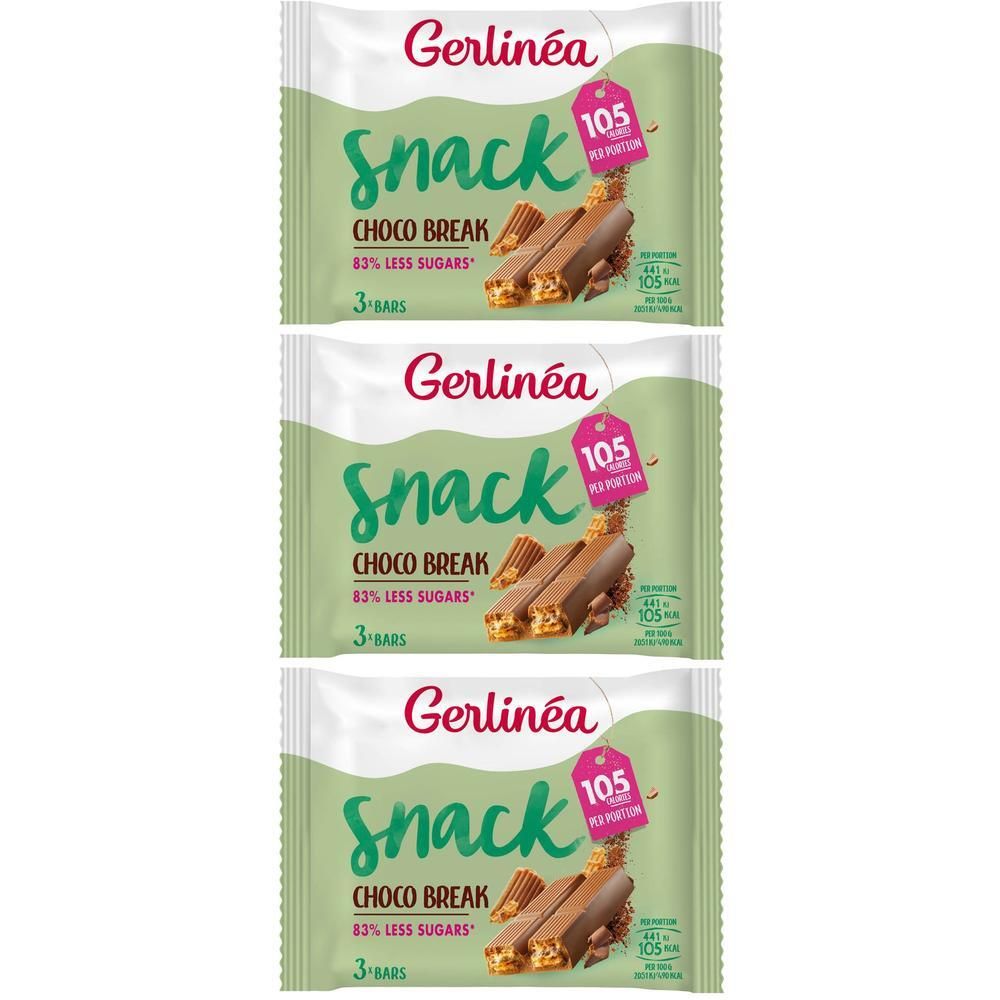 Trois paquets Gerlinéa Snack Choco Break de 3 barres chacun. 83% de sucres en moins.