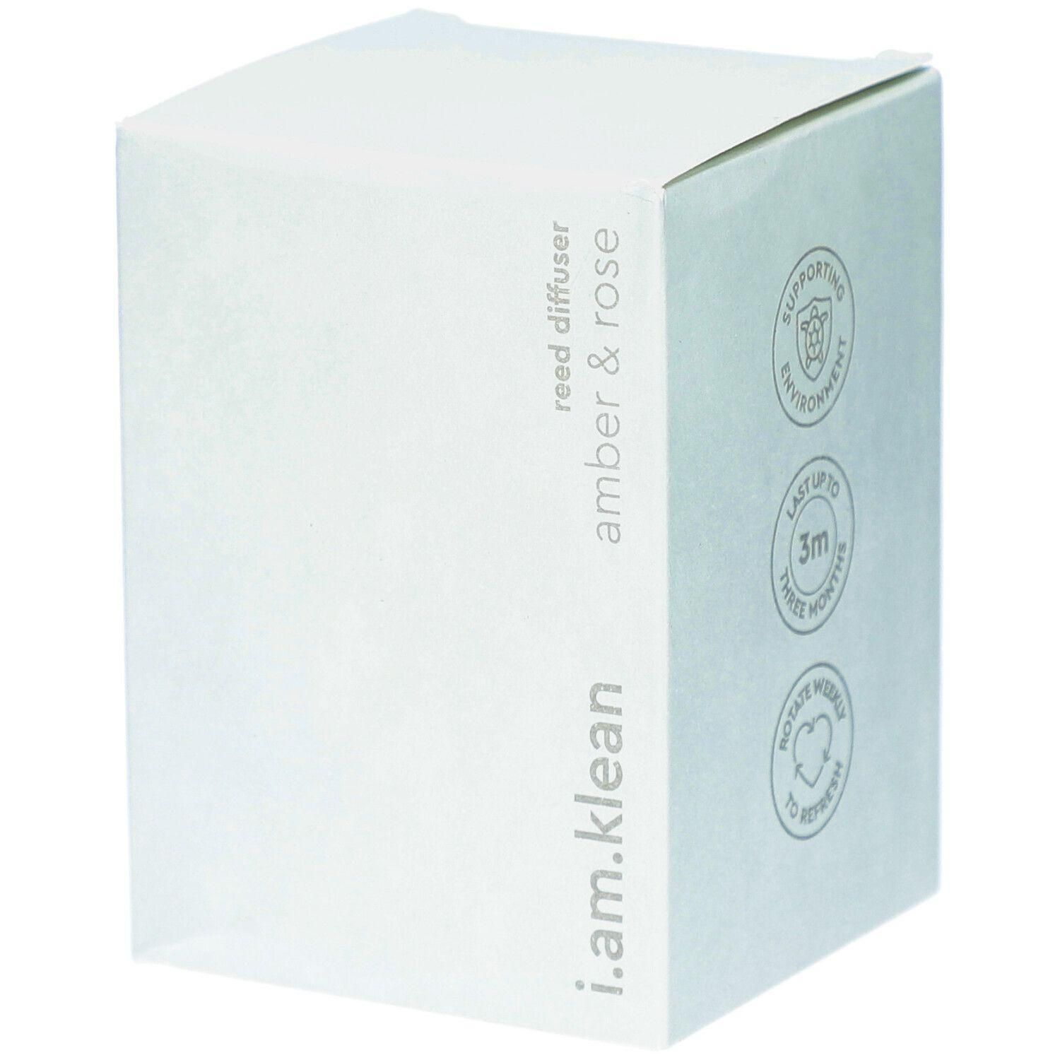 i.am.klean Reed Diffuser Amber & Rose verpakking met milieu- en houdbaarheidsinformatie.