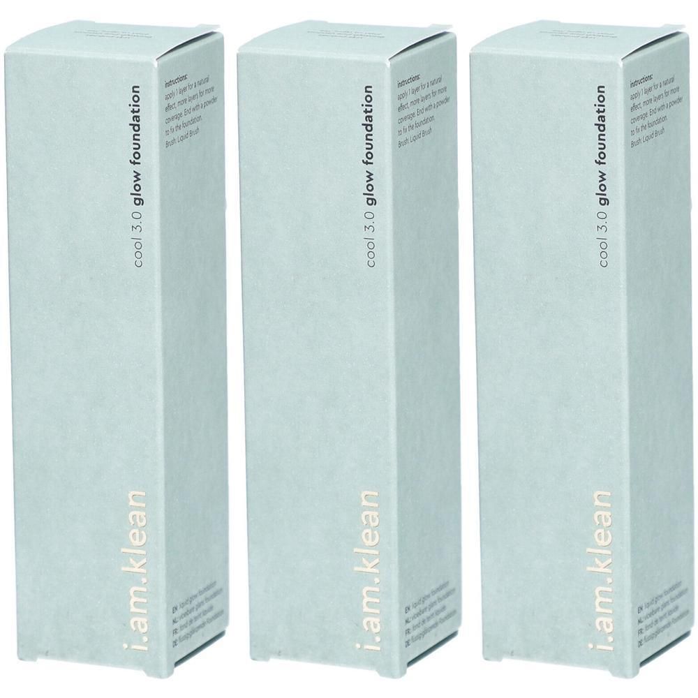 Drie dozen i.am.klean Liquid Glow Foundation Cool 3.0, lichtblauw.