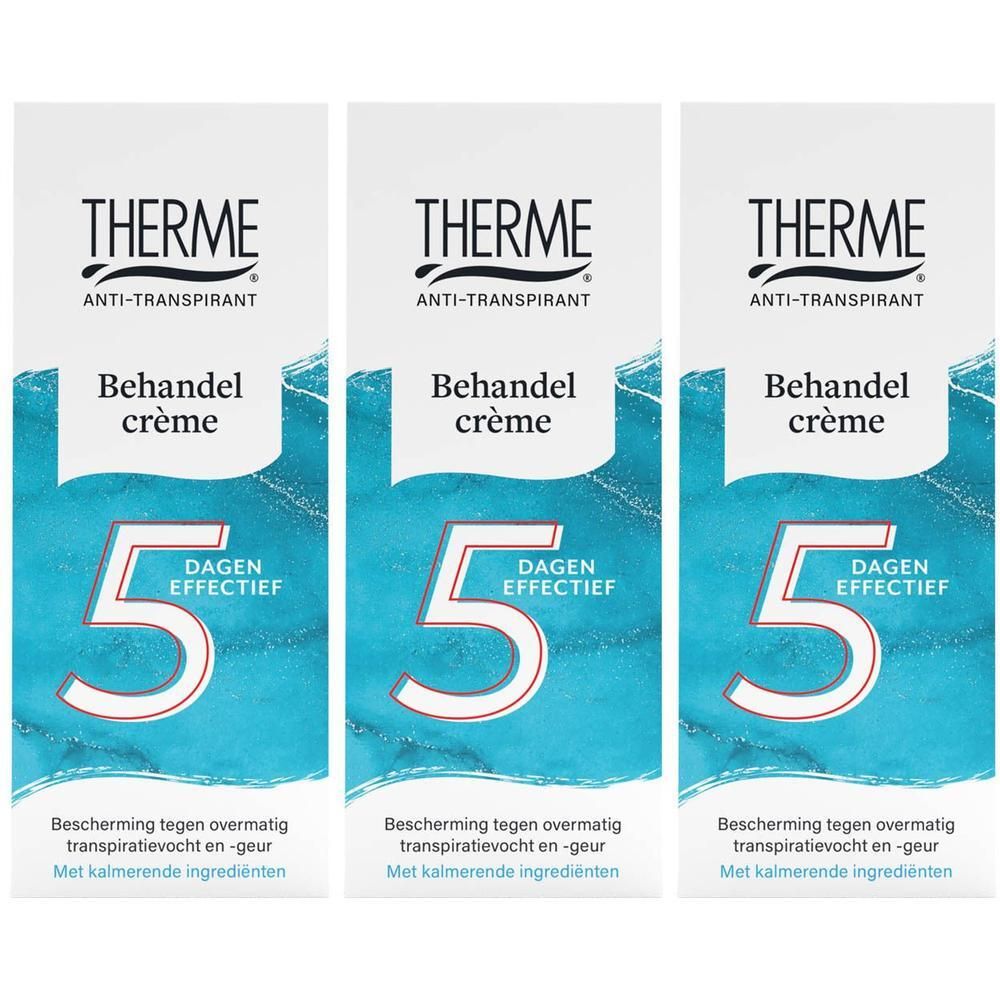 Drie verpakkingen Therme Anti-Transpirant Behandelcrème met '5 dagen effectief' opdruk.