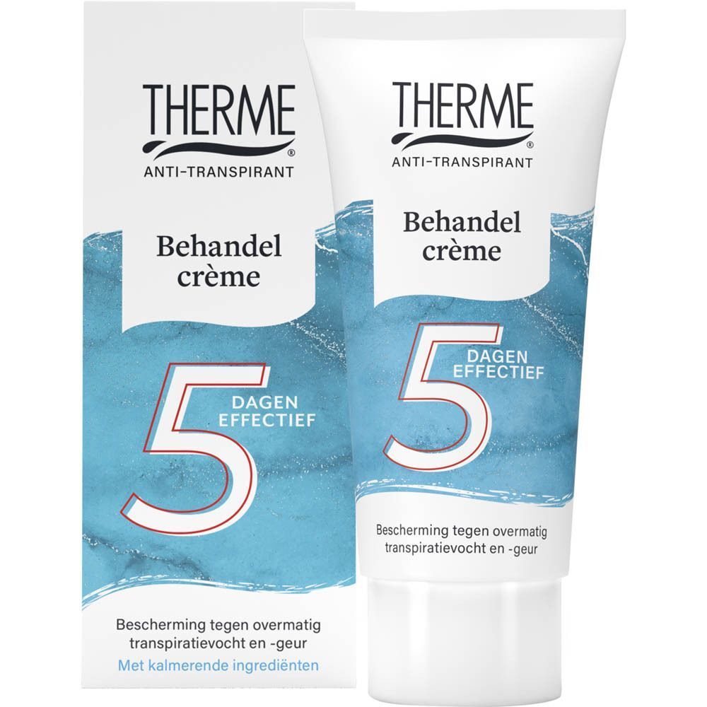 Verpakking en tube Therme Anti-Transpirant Behandelcrème, '5 dagen effectief'.