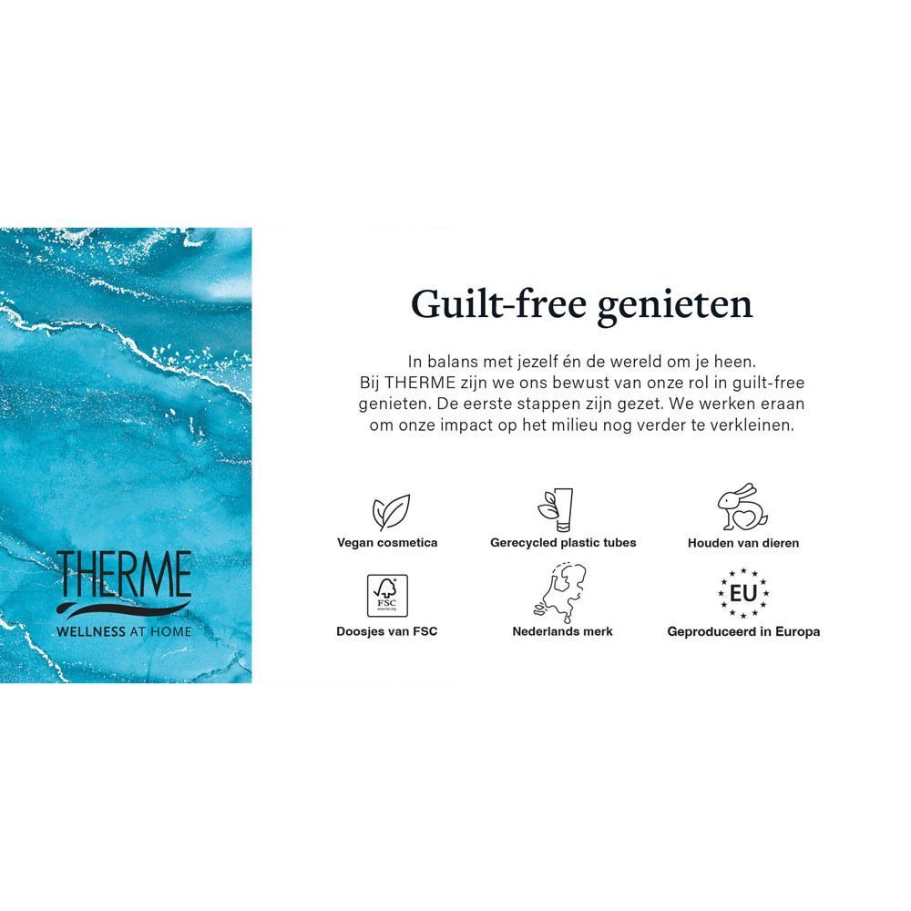 Achterkant van een Therme verpakking met keurmerken: Vegan, gerecyclede tubes, dierproefvrij, FSC, EU.