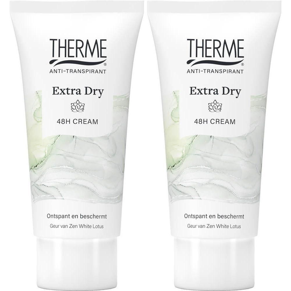 Twee tubes Therme Extra Dry 48H Cream Anti-Transpirant met Zen Lotus geur.