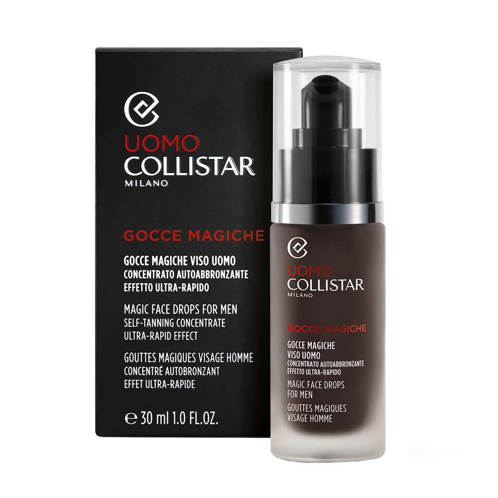 Collistar Gouttes Magiques Visage Homme en flacon avec distributeur à pompe, à côté de la boîte.