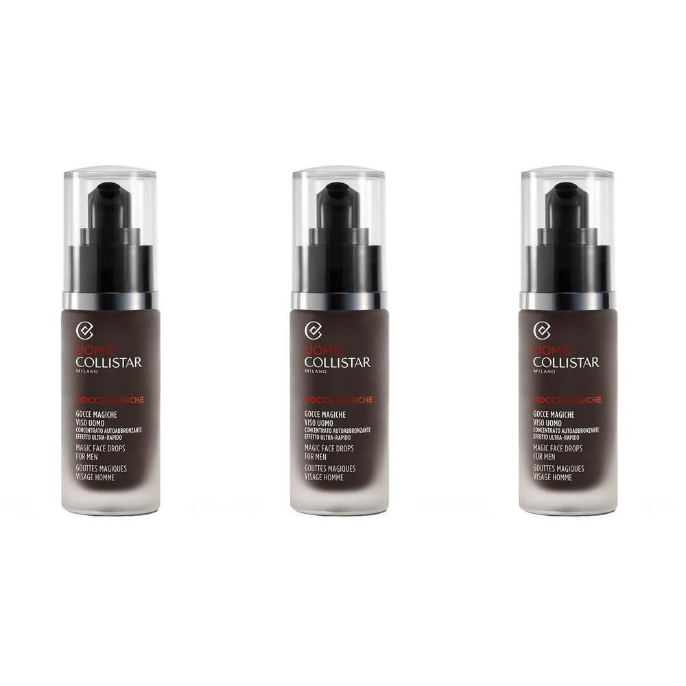 Trois flacons de Collistar Gouttes Magiques Visage Homme avec distributeurs à pompe.
