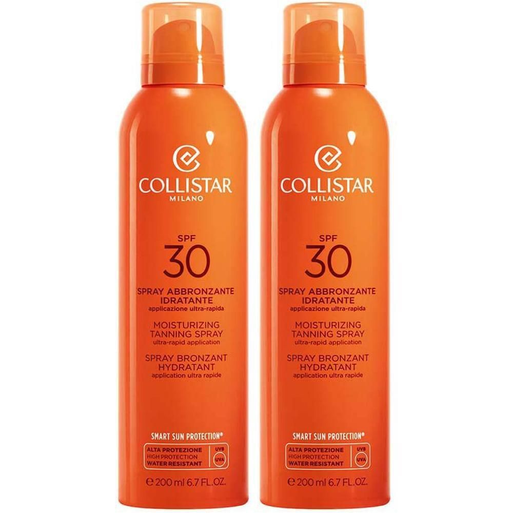 Twee Collistar hydraterende tanning sprays met SPF 30 in oranje flacons.