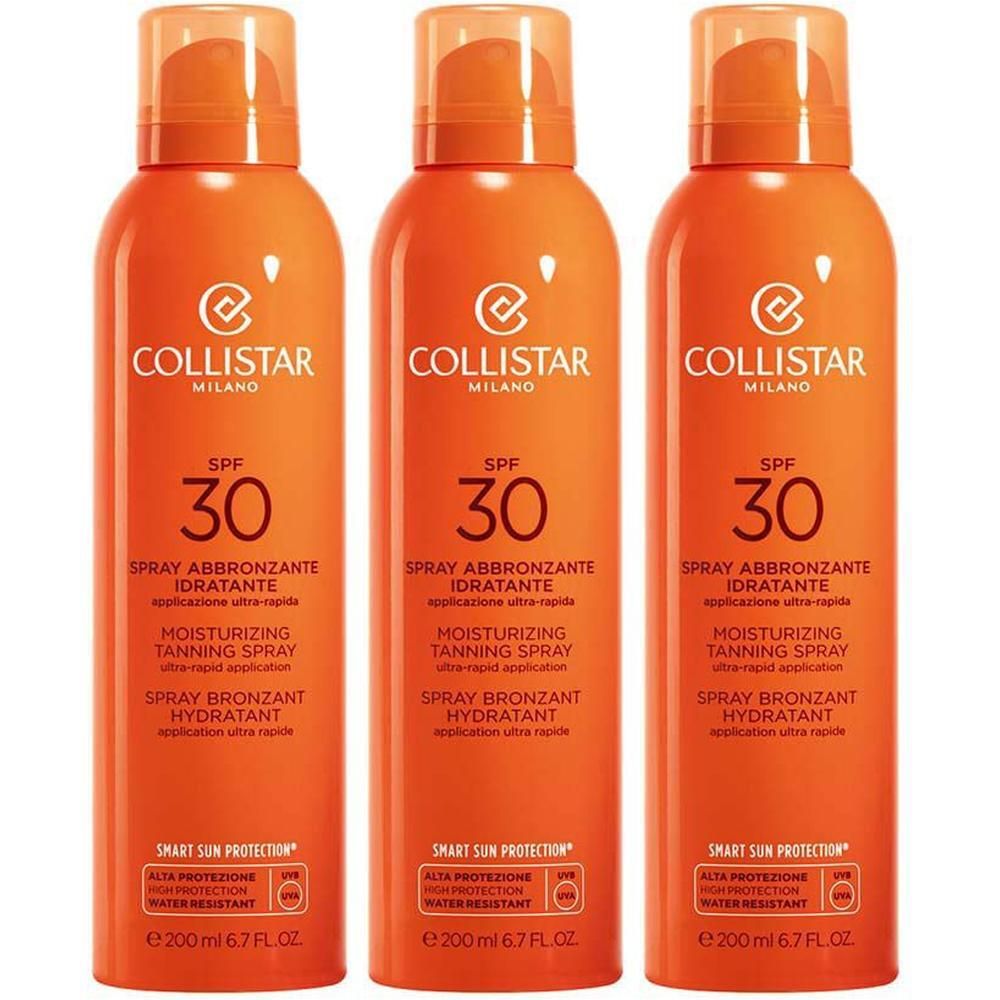 Drie Collistar hydraterende tanning sprays SPF 30 in oranje flacons.