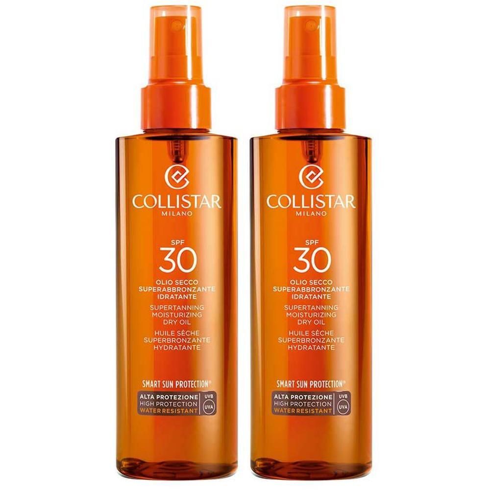 Twee flessen Collistar Superbronzing Moisturizing Dry Oil SPF30, waterbestendig.