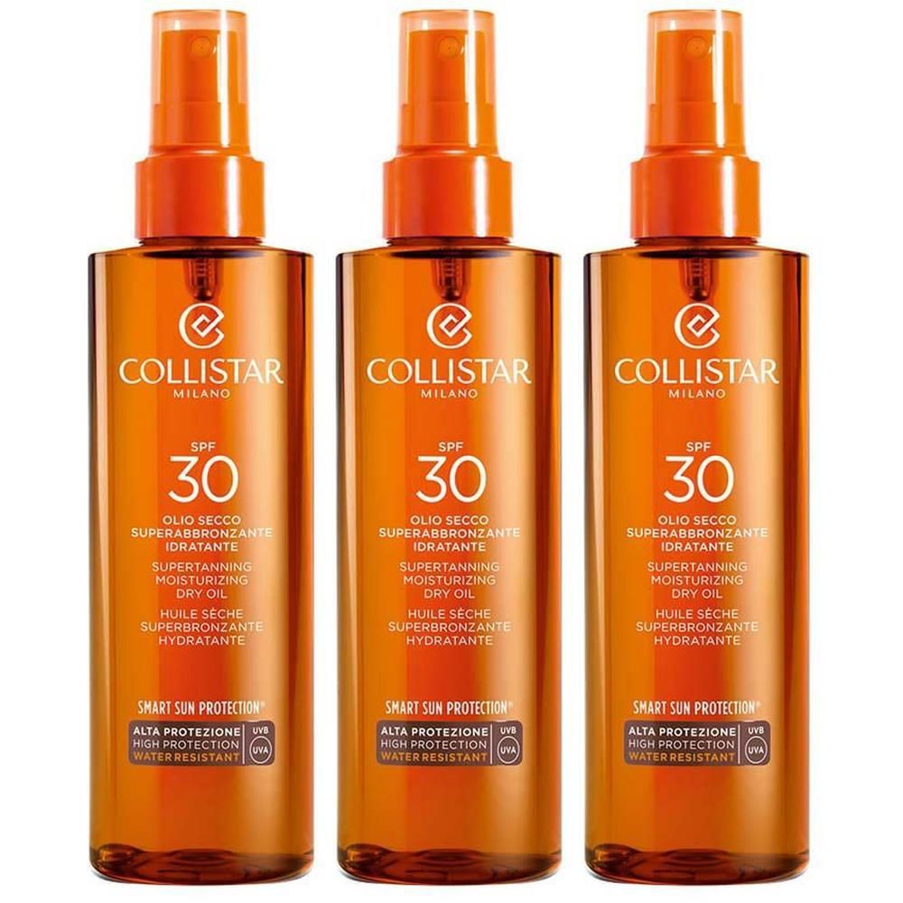Trois huiles solaires Collistar SPF 30 dans des flacons pulvérisateurs marron avec bouchons orange.