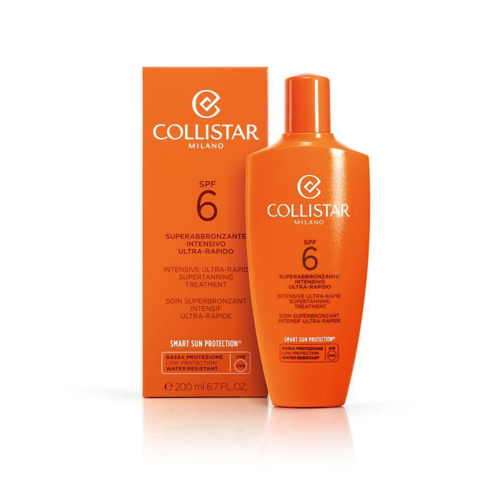Oranje fles en doos van Collistar intensieve tanning treatment SPF 6, 200 ml.