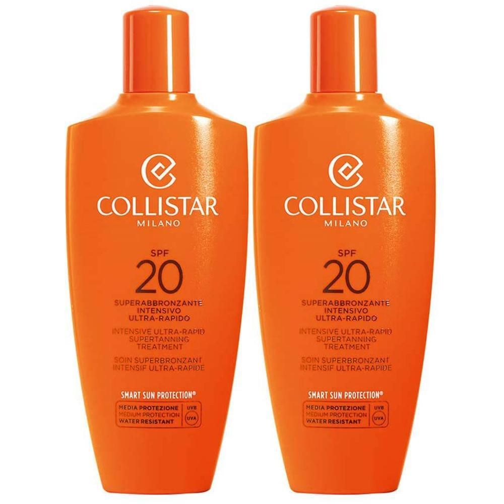 Twee flessen Collistar Superbronzant Intensif Ultra-Rapide SPF 20 zonnebrandcrème.