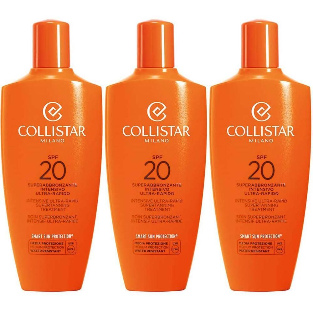 Drie flessen Collistar Soin Superbronzant Intensif Ultra-Rapide SPF 20 in oranje.