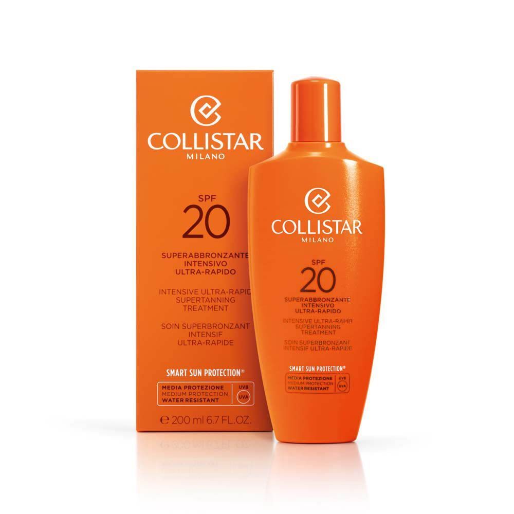 Fles en verpakking Collistar Soin Superbronzant Intensif Ultra-Rapide SPF 20 in oranje.