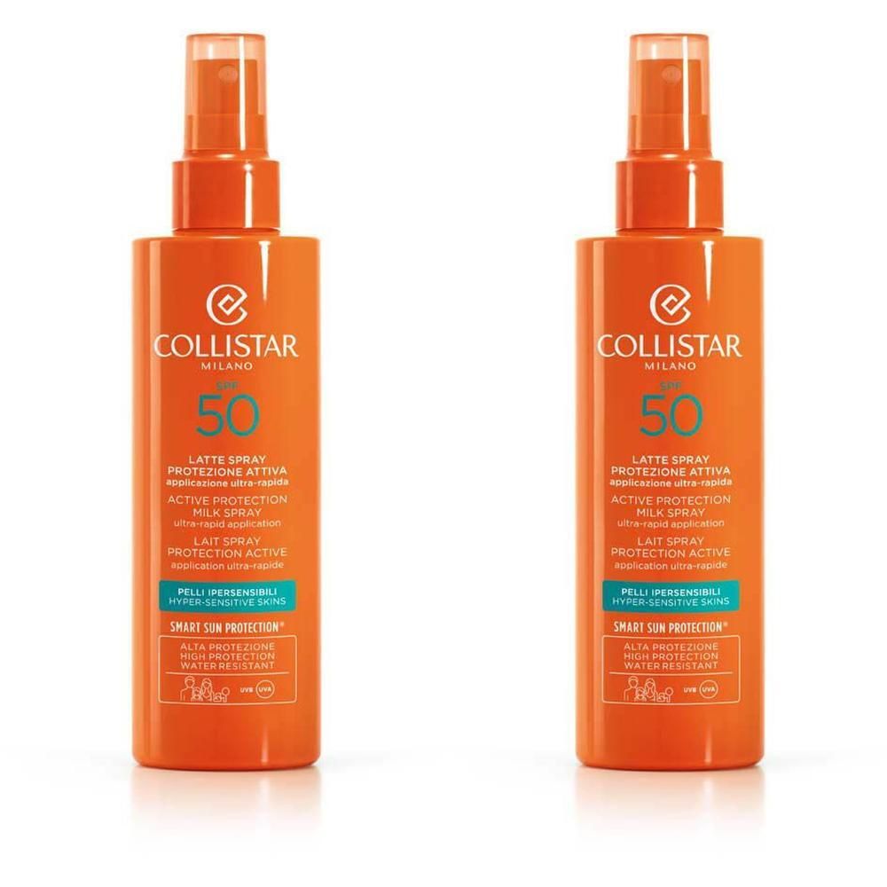 Twee oranje spuitflessen met Collistar Active Protection Milk Spray SPF 50.