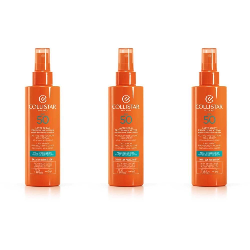 Drie oranje flessen Collistar Active Protection Milk Spray SPF50.