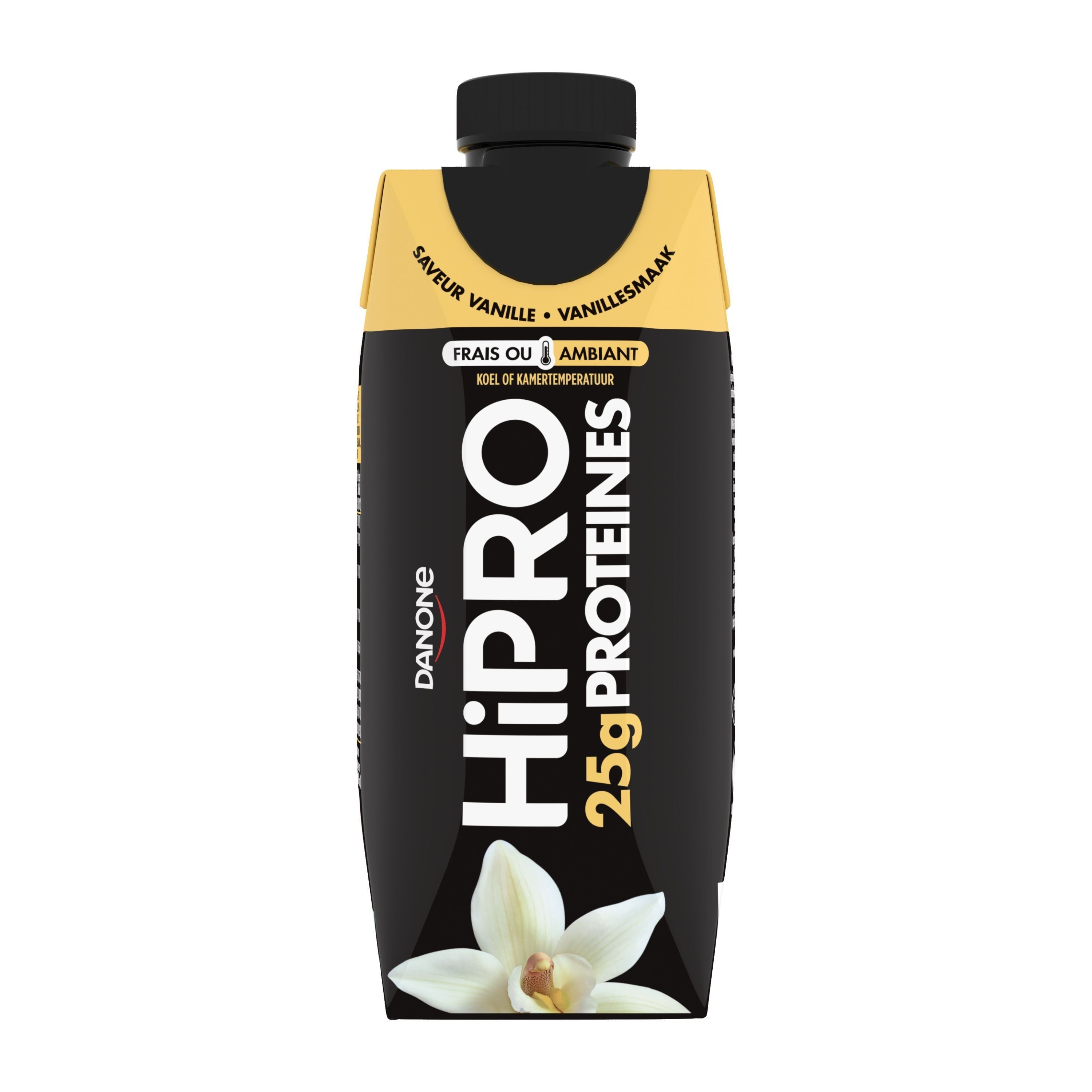 Boisson Danone HiPRO Vanille: 25g Protéines. Peut être consommé frais ou à température ambiante.
