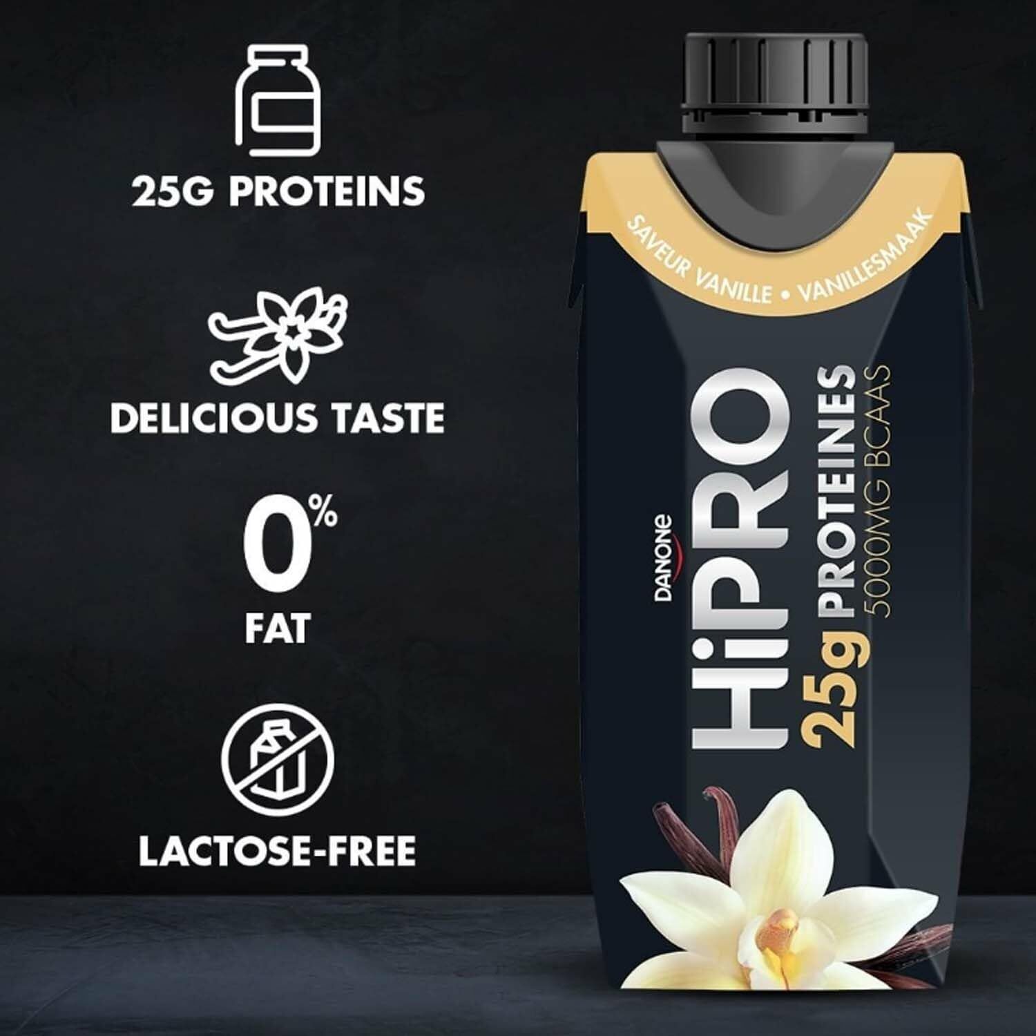 Boisson Danone HiPRO Vanille : 25g de protéines, 0% de matière grasse, sans lactose. Goût délicieux.