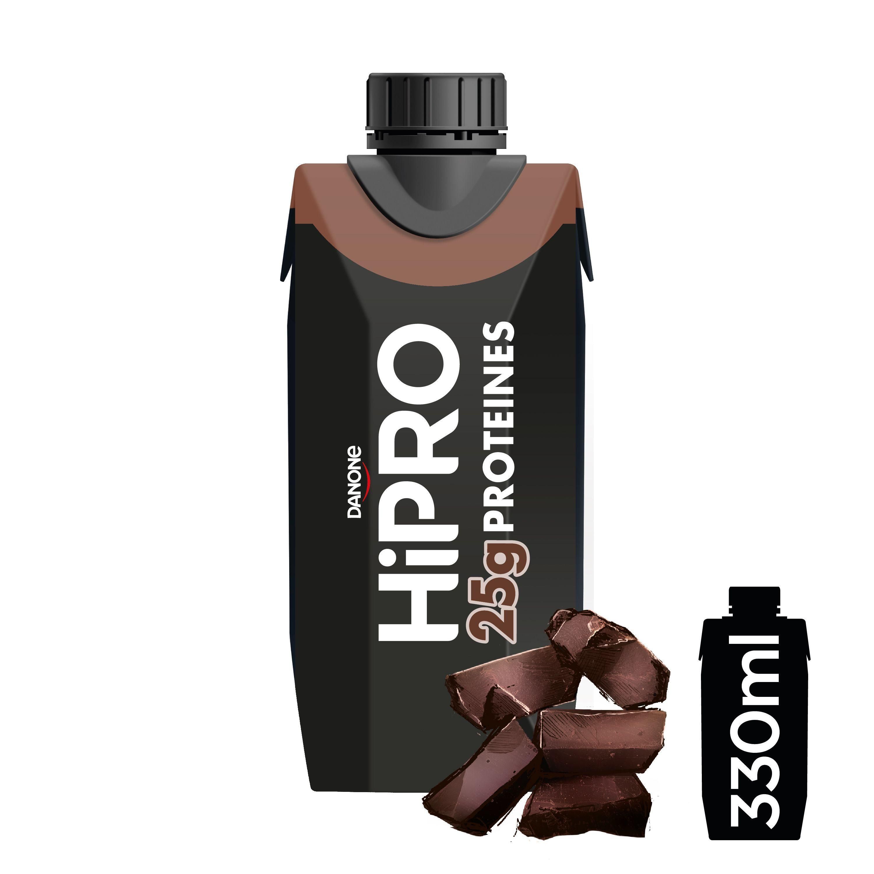 Danone HiPRO Drank Chocolade, verpakking van 330ml met stukjes chocolade.
