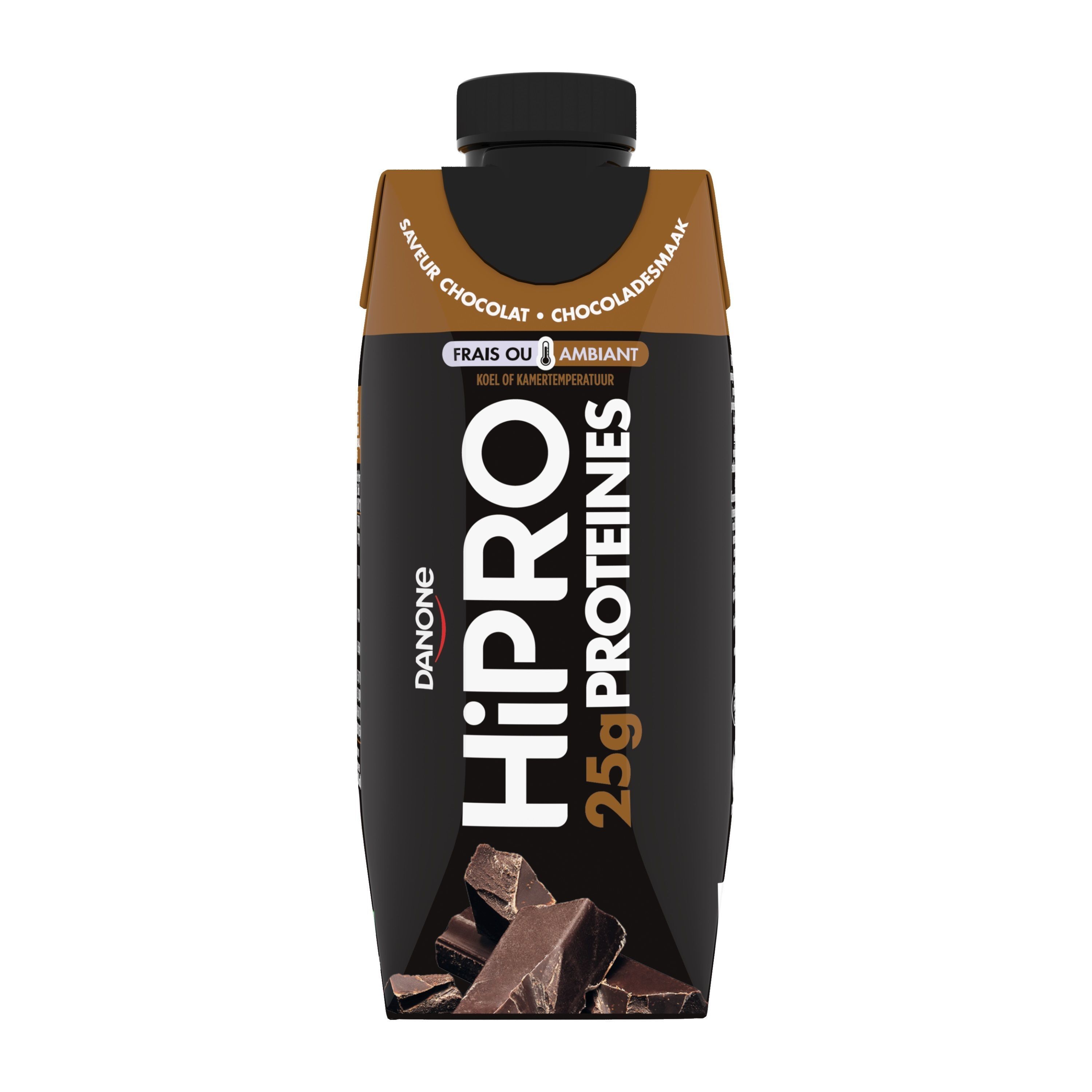 Boisson Danone HiPRO Chocolat, 25g de protéines, pack de 330ml avec des morceaux de chocolat.