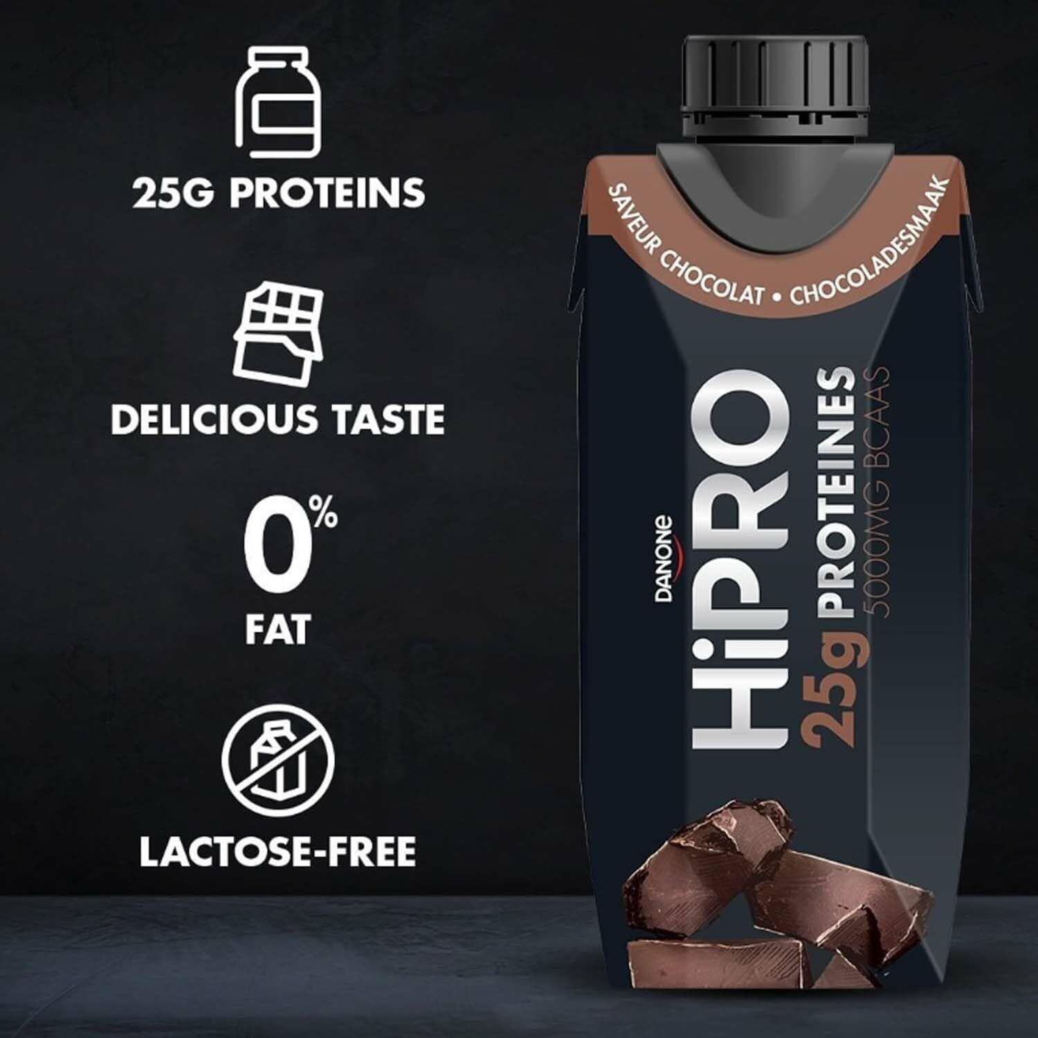 Danone HiPRO Drank Chocolade: 25g eiwit, 0% vet, lactosevrij. Verpakking met chocolade.