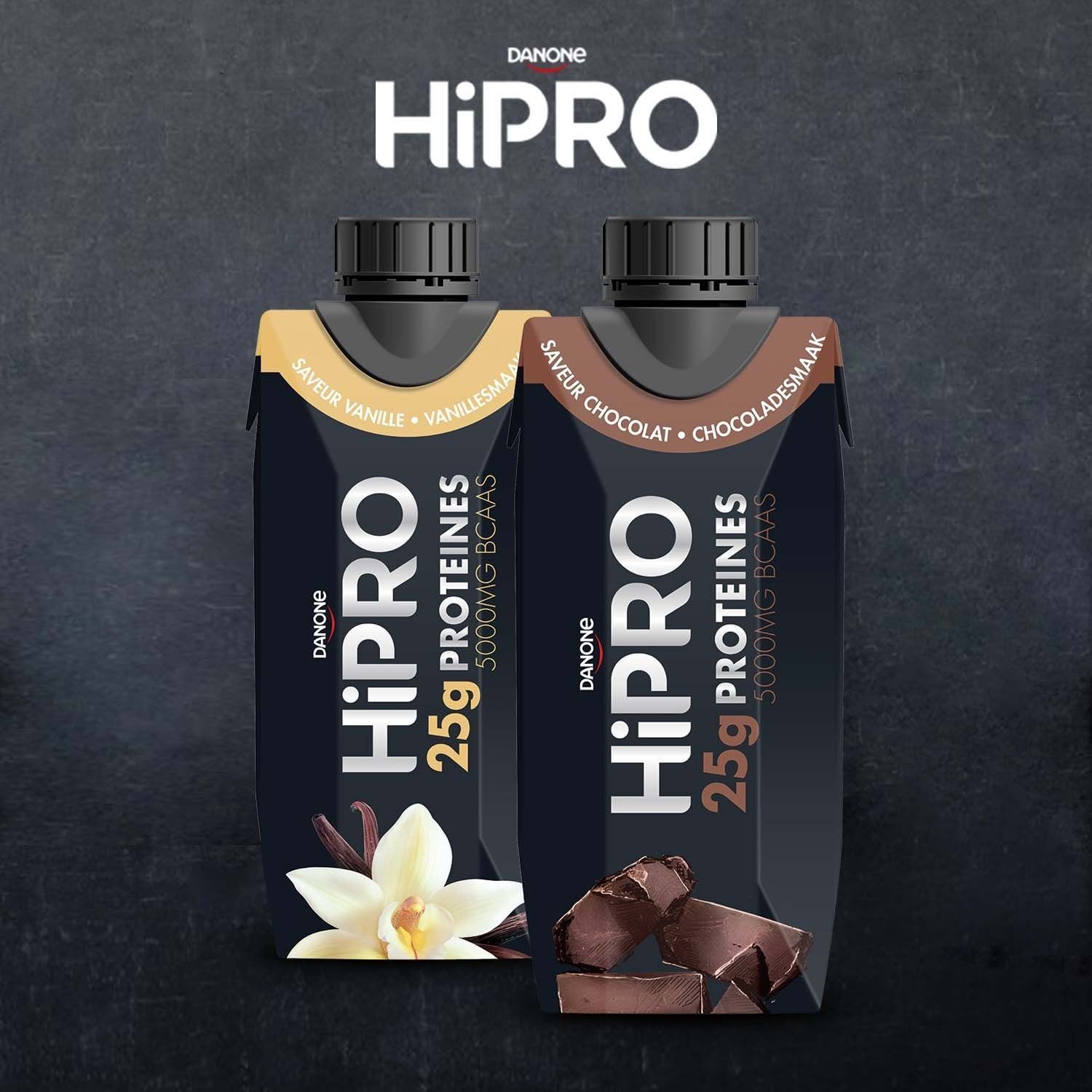 Twee Danone HiPRO Dranken: Chocolade en Vanille. 25g eiwit, 5000mg BCAA's.