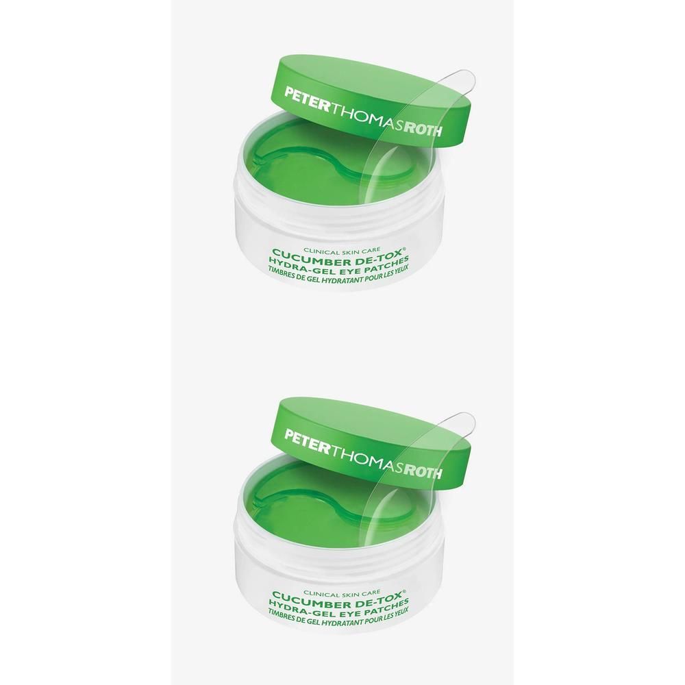 Deux pots de patchs oculaires verts, couvercles ouverts, marque visible.