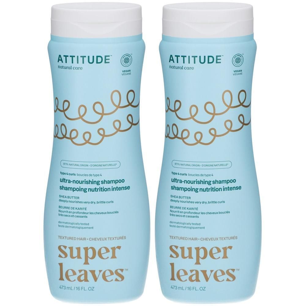 Deux bouteilles bleu clair Attitude Super Leaves Shampooing Ultra-Nourishing pour cheveux texturés.