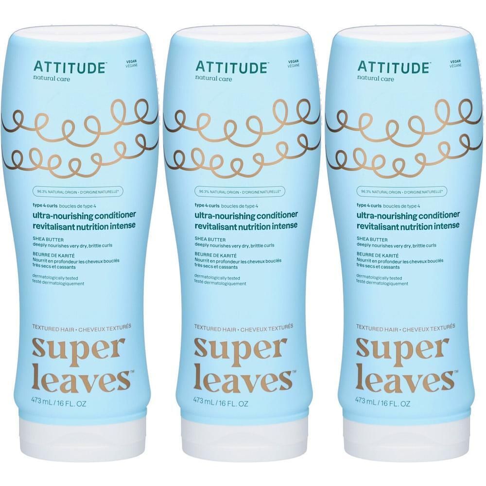 Drie flessen ATTITUDE Super Leaves Ultra-Nourishing Conditioner in lichtblauw met golvend patroon.
